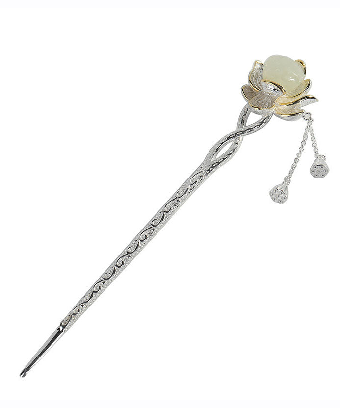 Retro Silk Sterling Silver Tassel Lotus Jade Hairpin