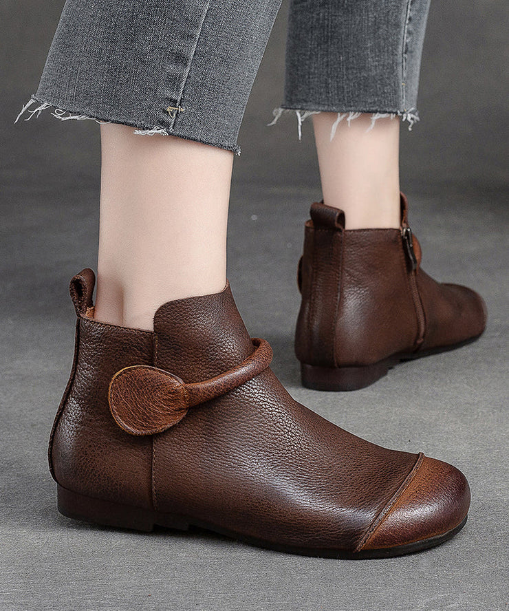 Retro Soft Splicing Ankle Boots Coffee Cowhide Leather