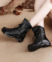 Retro Splicing Boots Black Cowhide Leather Hollow Out