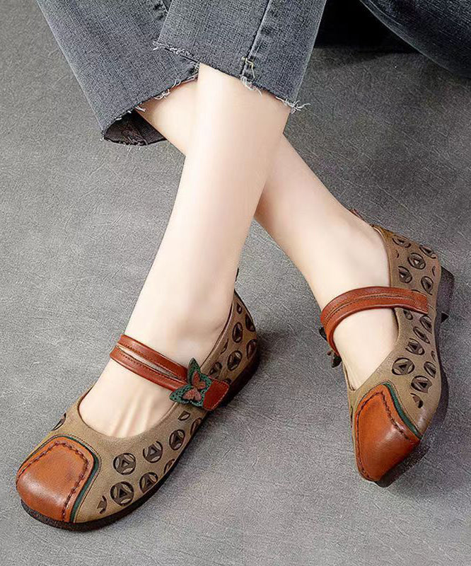 Retro Splicing Buckle Strap Flats Khaki Cowhide Leather Hollow Out