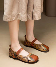 Retro Splicing Buckle Strap Flats Khaki Cowhide Leather Hollow Out