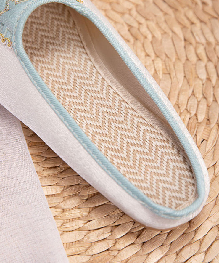 Retro Splicing Embroideried Flat Slide Sandals Light Green Cotton Fabric