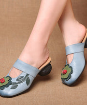 Retro Splicing Floral Chunky Blue Cowhide Leather Slide Sandals