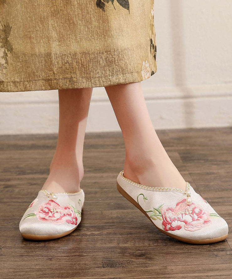 Retro Splicing Slide Sandals White Cotton Fabric Embroideried Nail Bead