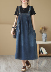 Retro Summer New Blue Pockets Drawstring Denim Strap Dresses