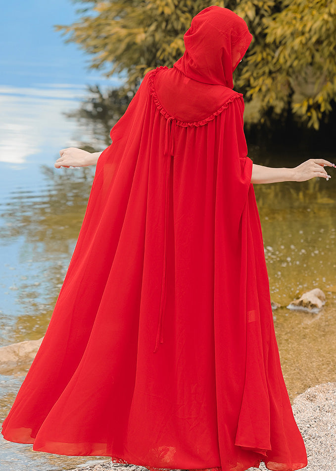 Retro Vacation Style Chiffon Hooded Red Cape And Dress Two-Piece Set