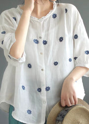 Retro White Embroideried Patchwork Linen Shirt Tops Summer