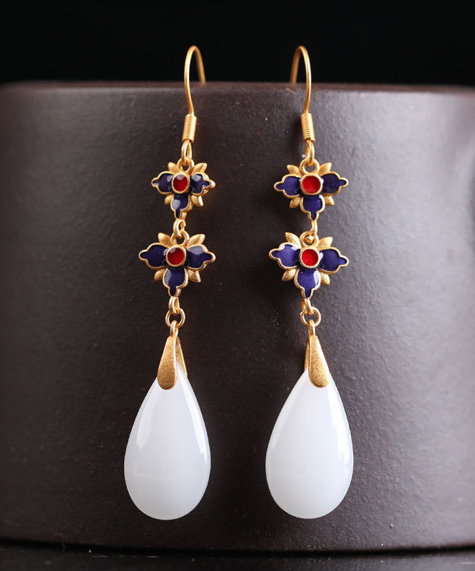 Retro White Floral Gold Plated Bowlder Drop Earrings