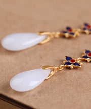 Retro White Floral Gold Plated Bowlder Drop Earrings