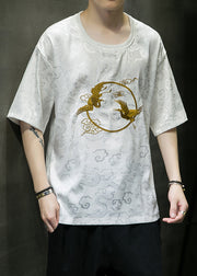 Retro White O-Neck Oriental Embroideried Ice Silk Mens T Shirts Summer