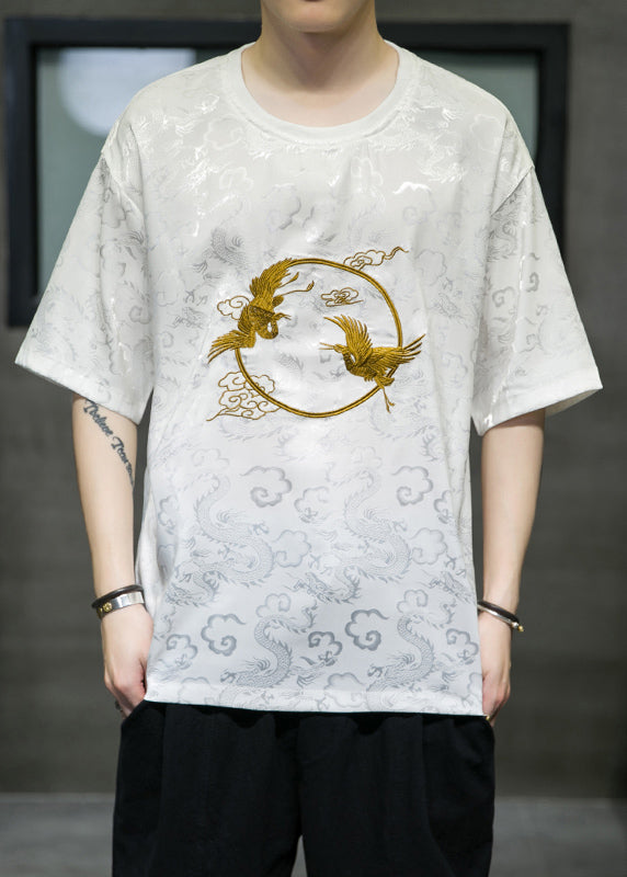 Retro White O-Neck Oriental Embroideried Ice Silk Mens T Shirts Summer