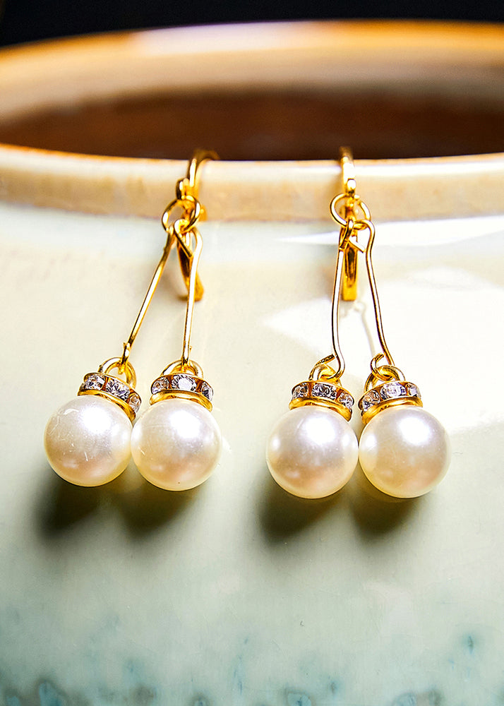 Retro White Pearl Zircon 14K Gold Drop Earrings