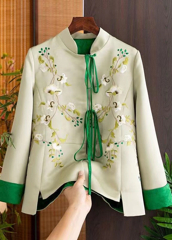 Retro White Stand Collar Embroidered Lace Up Patchwork Cotton Coats Fall