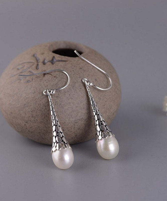 Retro White Sterling Silver Pearl Drop Earrings