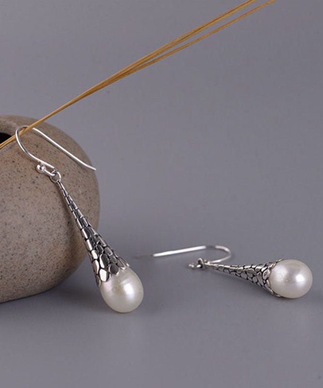 Retro White Sterling Silver Pearl Drop Earrings