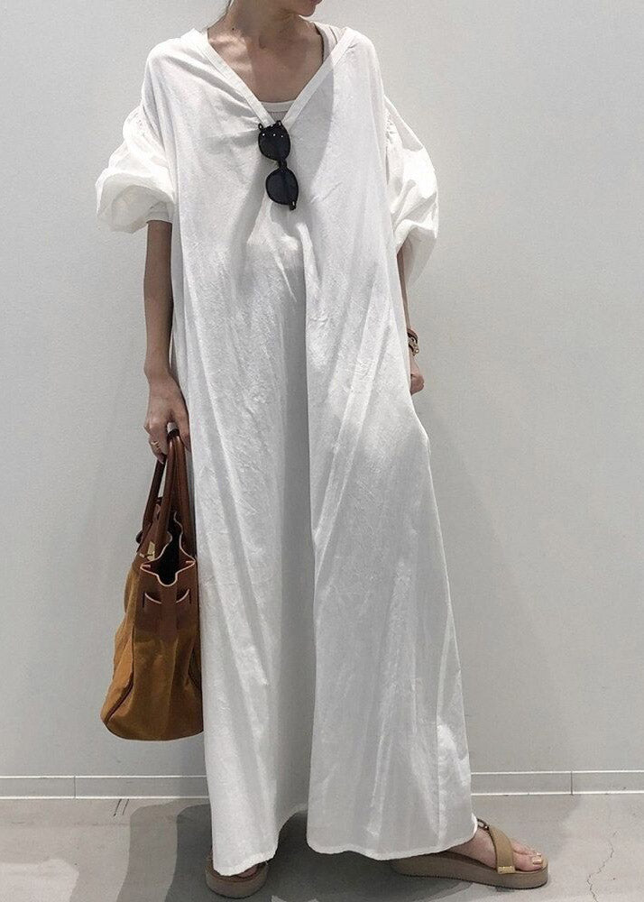 Retro White V Neck Solid Cozy Cotton Maxi Dress Long Sleeve