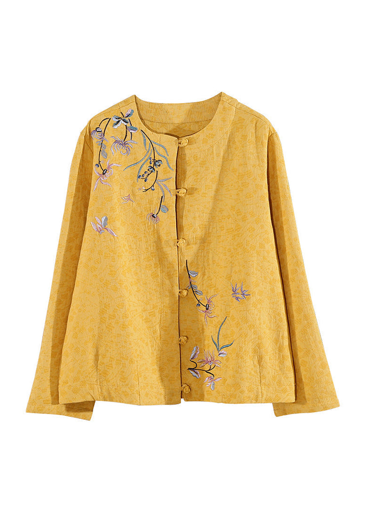 Retro Yellow O Neck Embroideried Cotton Short Coat Spring