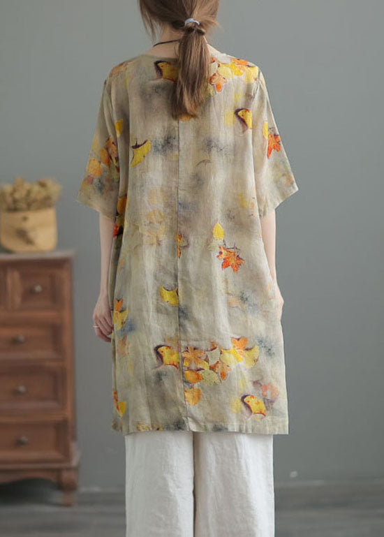 Retro Yellow O Neck Print Button Patchwork Linen Shirt Summer