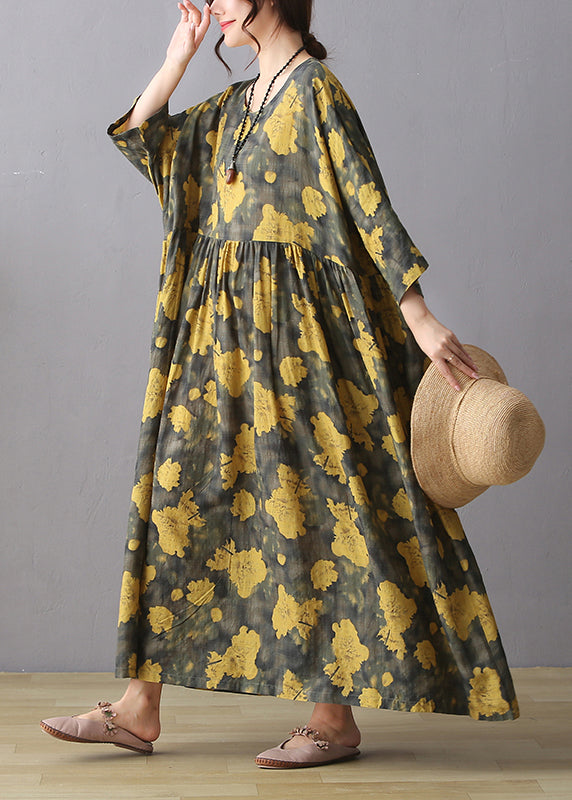 Retro Yellow O-Neck Print Wrinkled Maxi Dress Long Sleeve