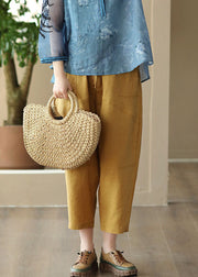 Retro Yellow Pockets Elastic Waist Patchwork Linen Crop Pants Summer