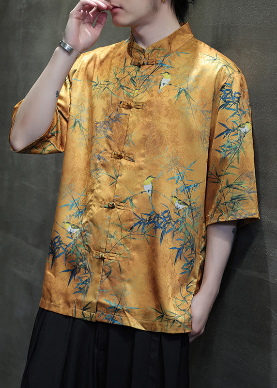 Retro Yellow Print Chinese Button Ice Silk Men Shirts Summer