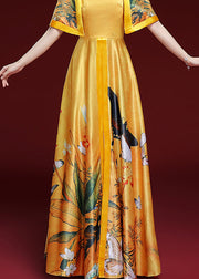 Retro Yellow Print Lacing Strap Shawl And Dress Set Summer