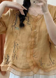 Retro Yellow Ruffled Embroideried Patchwork Linen Shirts Summer