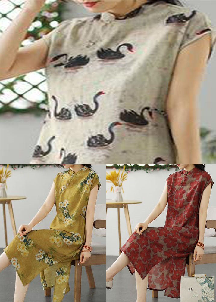 Retro Yellow Stand Collar Button Patchwork Linen Dresses Summer