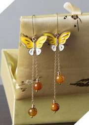 Retro Yellow Sterling Silver Agate Butterfly Tassel Drop Earrings