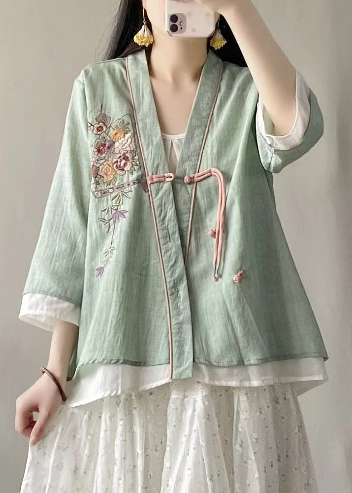 Retro Yellow V Neck Embroideried Short Linen Cardigans Spring