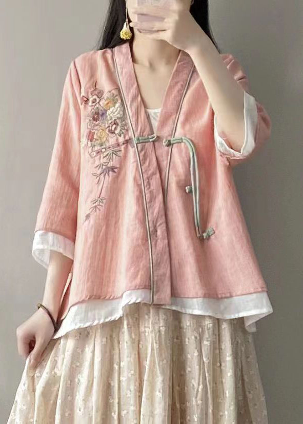 Retro Yellow V Neck Embroideried Short Linen Cardigans Spring