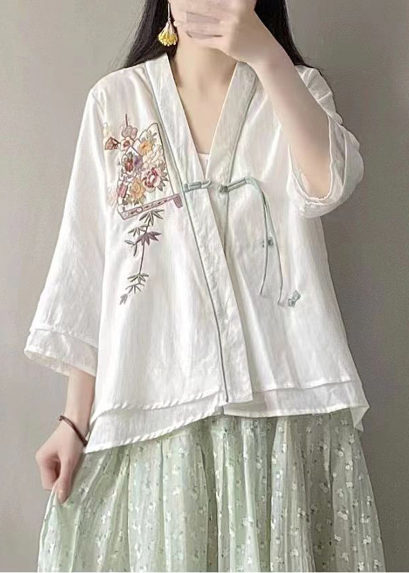 Retro Yellow V Neck Embroideried Short Linen Cardigans Spring