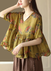 Retro Yellow V Neck Print Patchwork Linen Blouse Top Summer