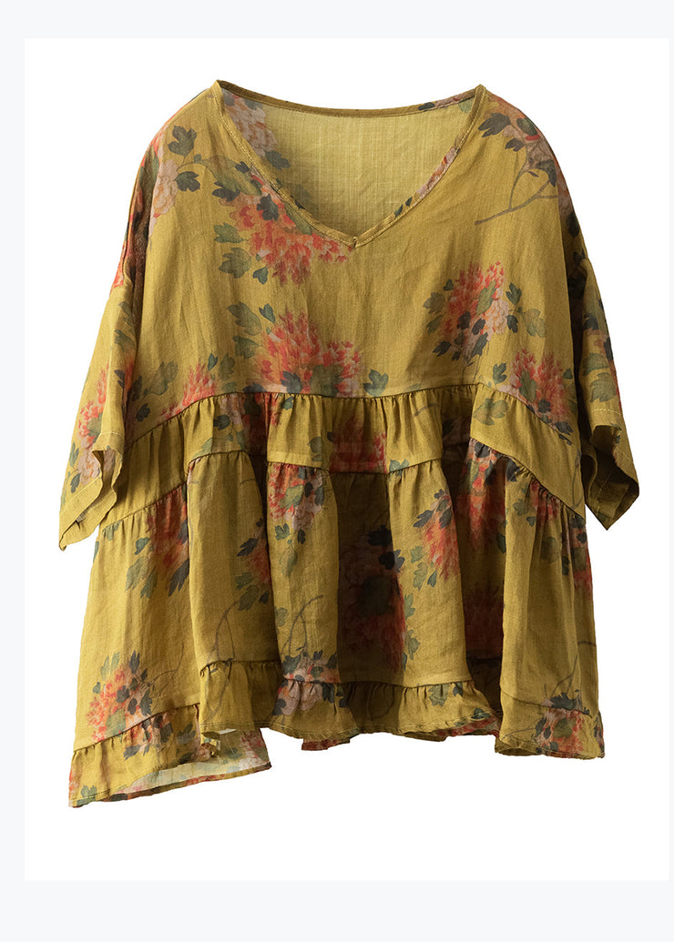 Retro Yellow V Neck Print Patchwork Linen Blouse Top Summer