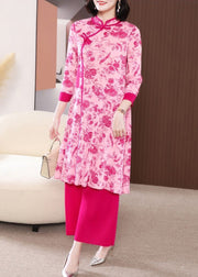 Rose Chinese Style Dress Two Piece Set Mandarin Collar Chinese Button Summer