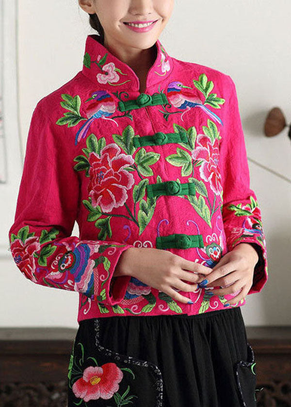 Rose Cotton Coat Outwear Mandarin Collar Embroideried Fall