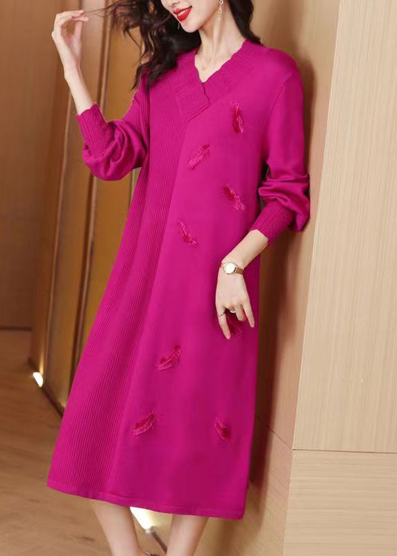 Rose Feather Patchwork Woolen Knit Winter Sweater Dress V Neck