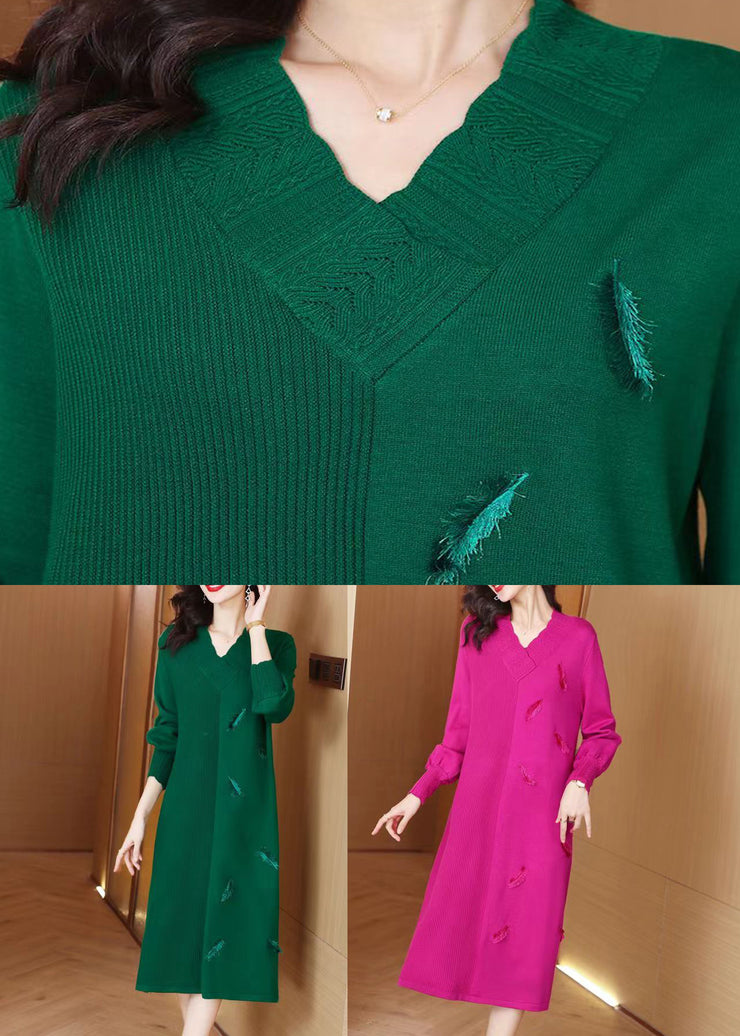 Rose Feather Patchwork Woolen Knit Winter Sweater Dress V Neck