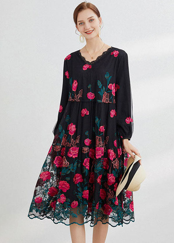 Rose Floral Tulle Maxi Dress O-Neck Embroideried Long Sleeve