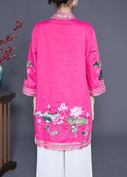 Rose Linen Vacation Dress Stand Collar Lotus Embroideried Summer