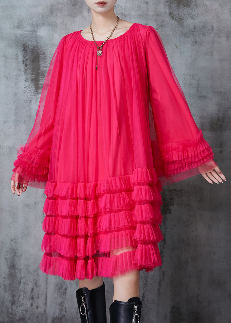 Rose Loose Tulle Holiday Dress Ruffled Flare Sleeve