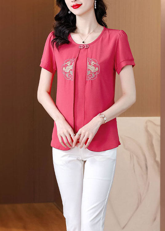 Rose Patchwork Chiffon Shirts Embroidered False Two Pieces Summer