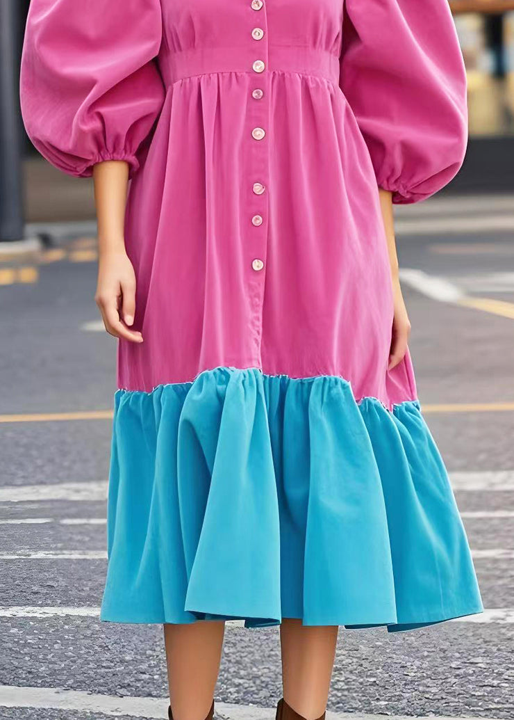 Rose Patchwork Corduroy Long Dresses V Neck Puff Sleeve