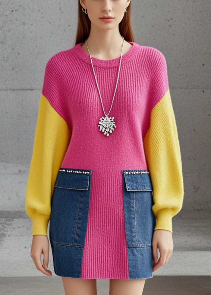 Rose Patchwork Denim Sweater Dress O-Neck Fall