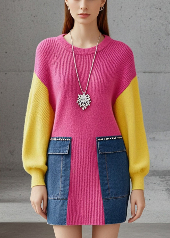 Rose Patchwork Denim Sweater Dress O-Neck Fall