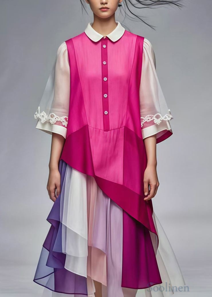 Rose Patchwork Silk Dresses Peter Pan Collar Summer