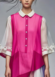 Rose Patchwork Silk Dresses Peter Pan Collar Summer