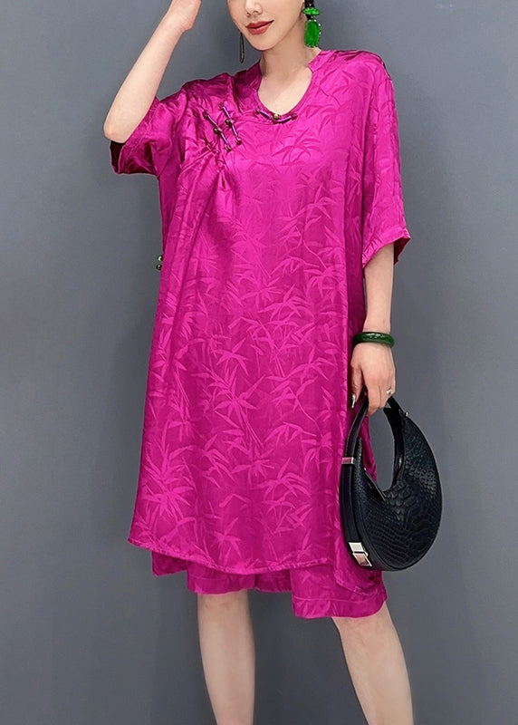 Rose Patchwork Silk Women Sets 2 Pieces Chinese Button Summer