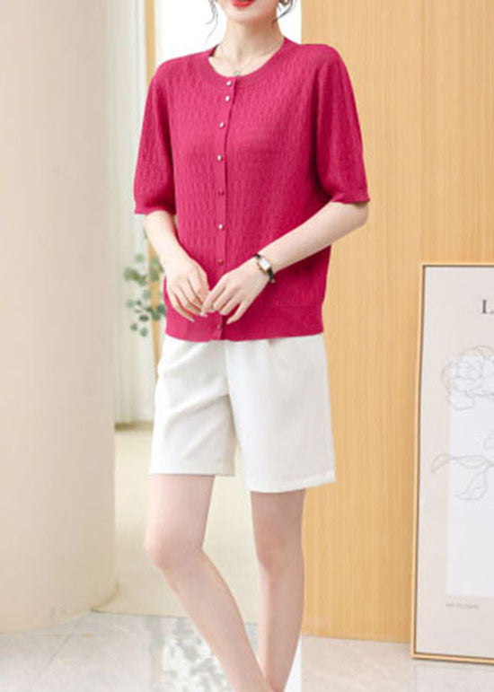 Rose Patchwork Thin Knit Cardigan O Neck Hollow Out Summer