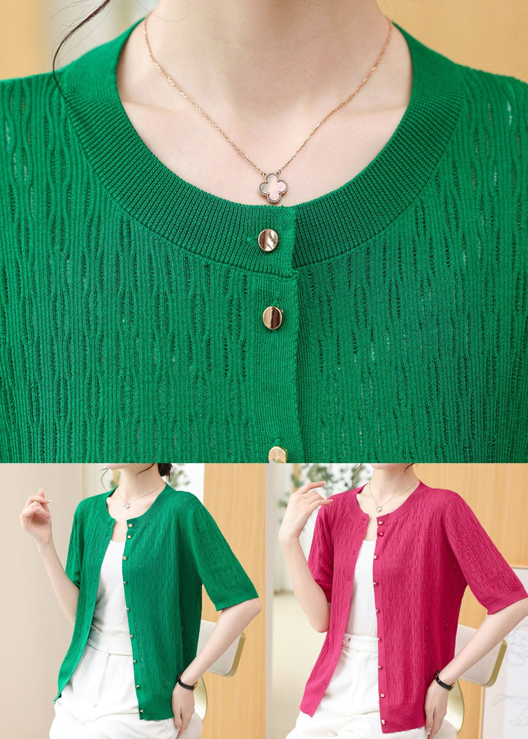 Rose Patchwork Thin Knit Cardigan O Neck Hollow Out Summer